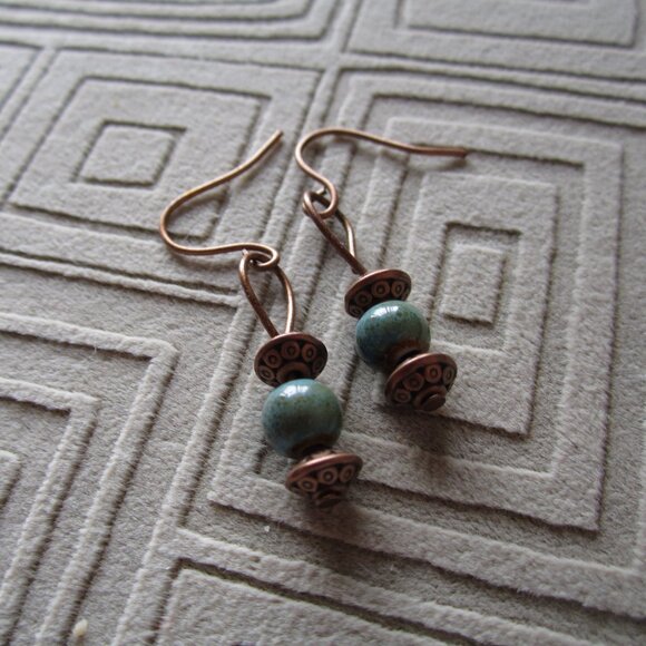 Artisan Handmade Copper & Turquoise Bead Dangle Earrings – Boho Chic Style - Picture 3 of 3